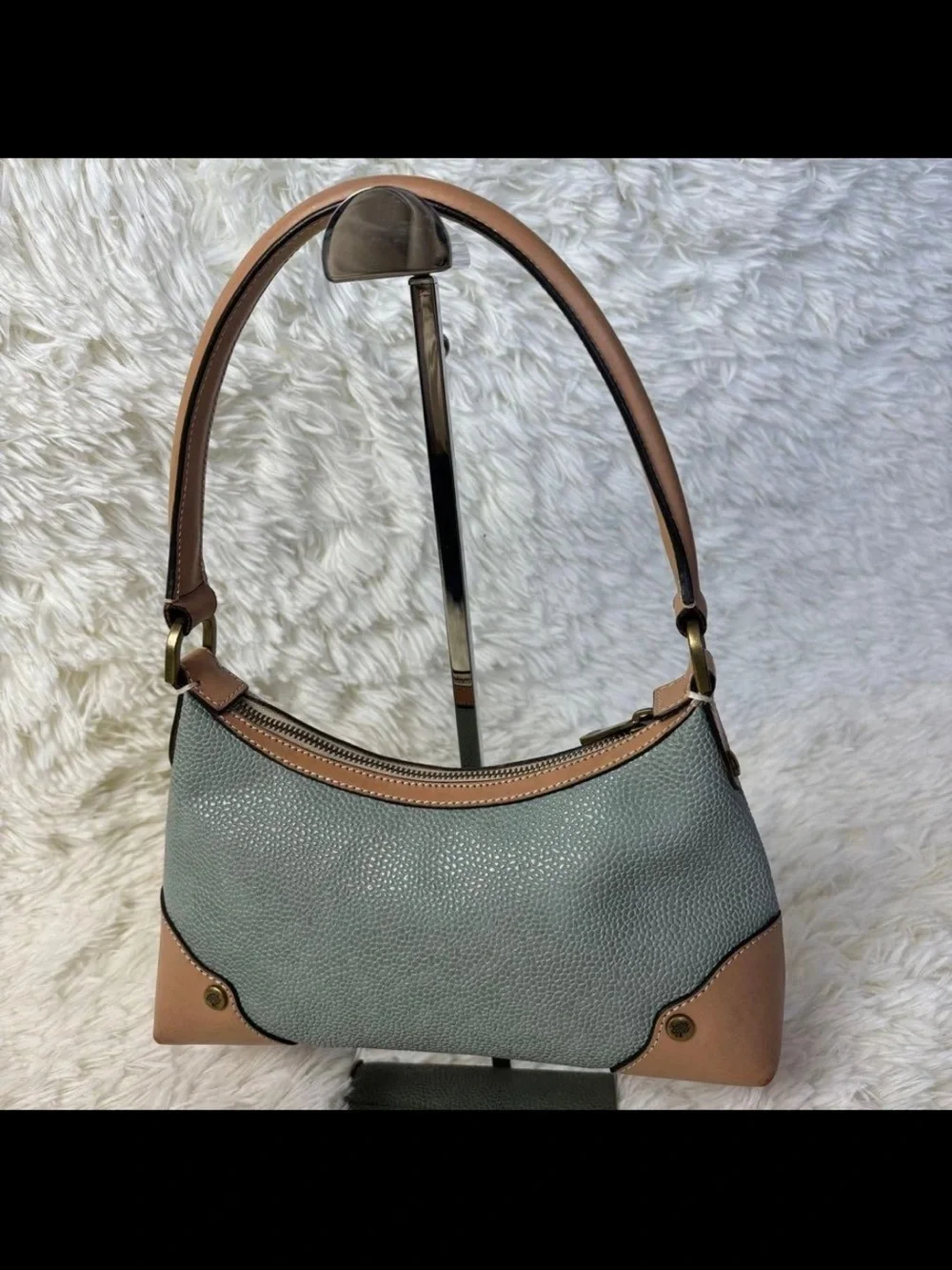 Mulberry Sage Pebbled Leather Shoulder Bag with Tan Trim